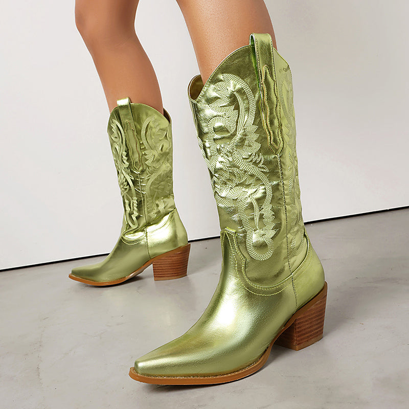 Women's embroidery metallic mid calf western boots