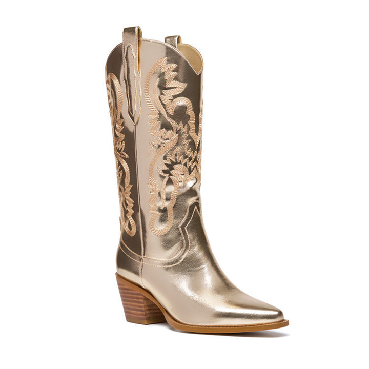 Women's embroidery metallic mid calf western boots