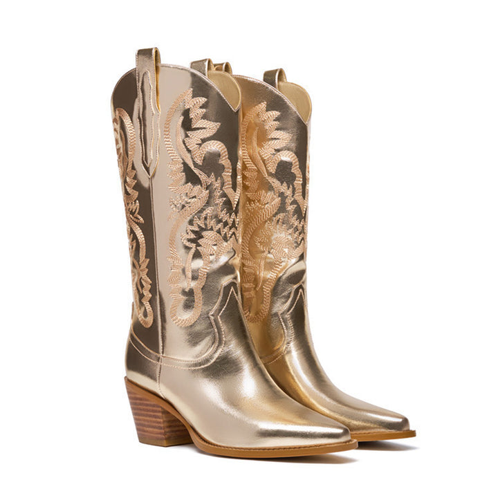 gold Women's embroidery metallic mid calf western boots