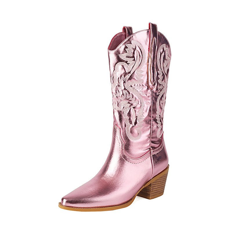 pink Women's embroidery metallic mid calf western boots