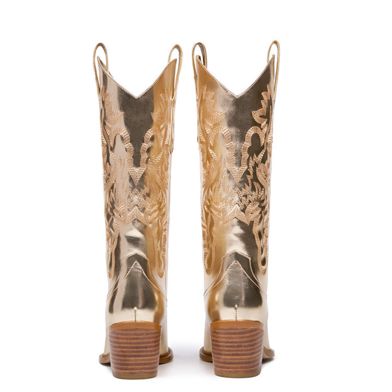 gold Women's embroidery metallic mid calf western boots