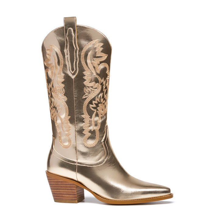 gold Women's embroidery metallic mid calf western boots