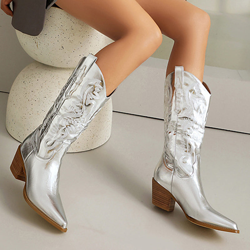 silver Women's embroidery metallic mid calf western boots