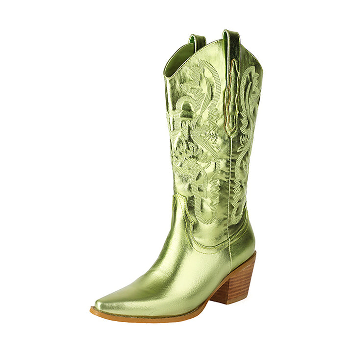 green Women's embroidery metallic mid calf western boots