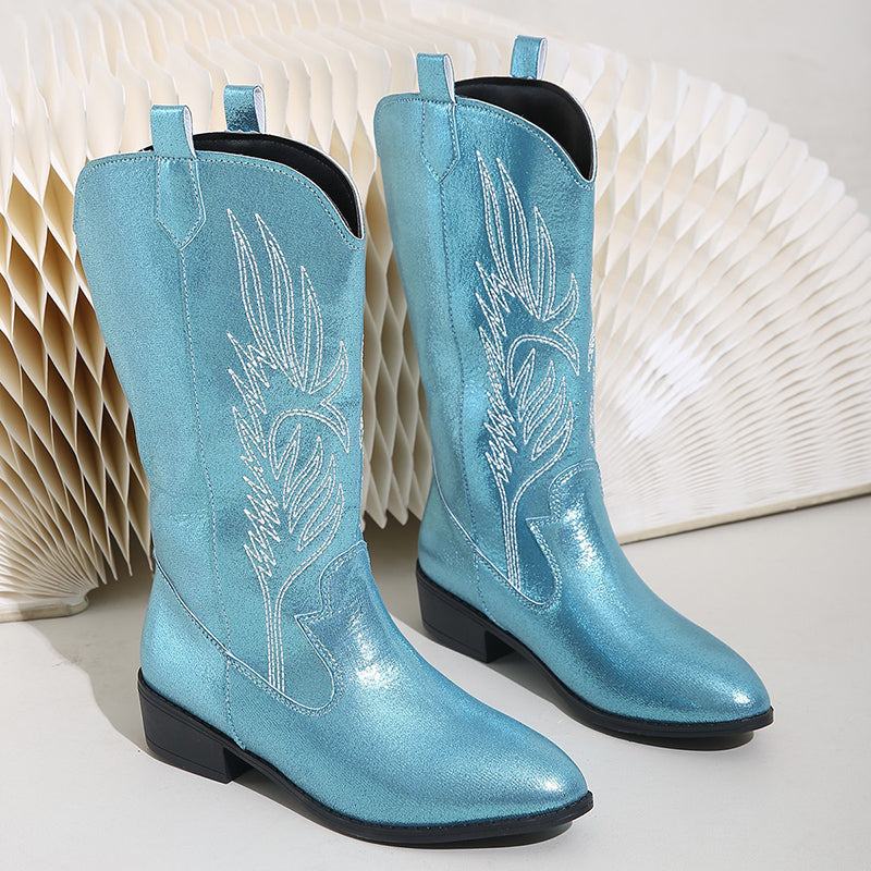 Women's embroidery metallic shiny cowboy boots