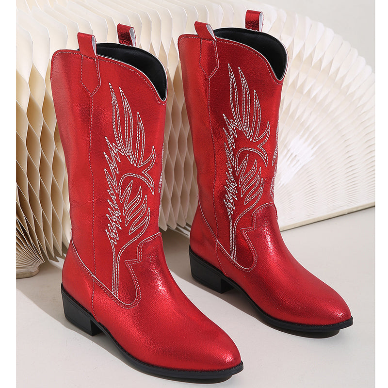 Women's embroidery metallic shiny cowboy boots