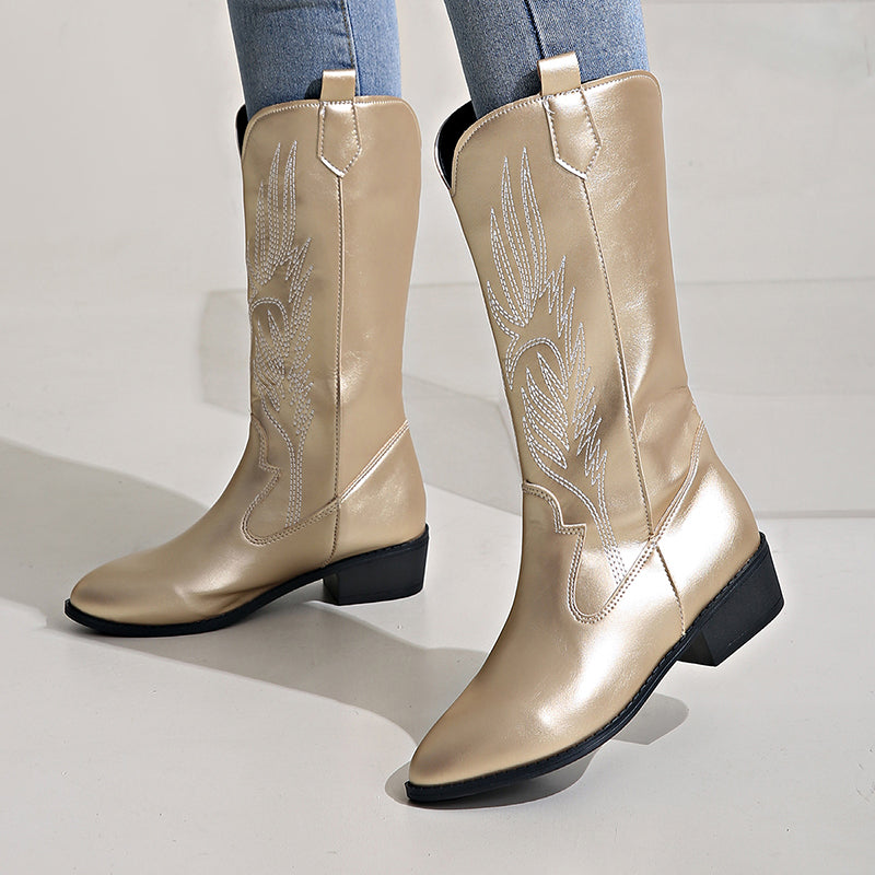 Women's embroidery metallic shiny cowboy boots