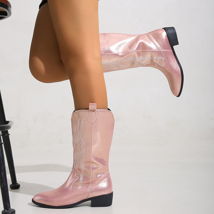 Women's embroidery metallic shiny cowboy boots