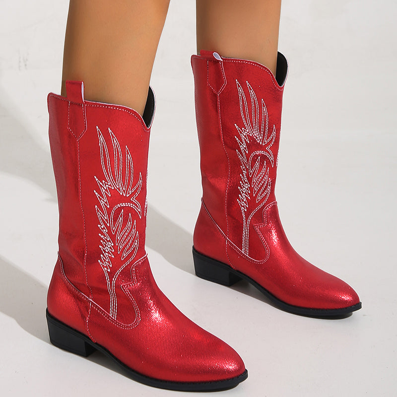 Women's embroidery metallic shiny cowboy boots