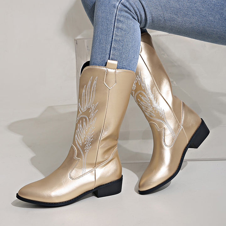 Women's embroidery metallic shiny cowboy boots