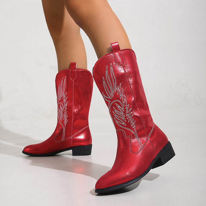 Women's embroidery metallic shiny cowboy boots