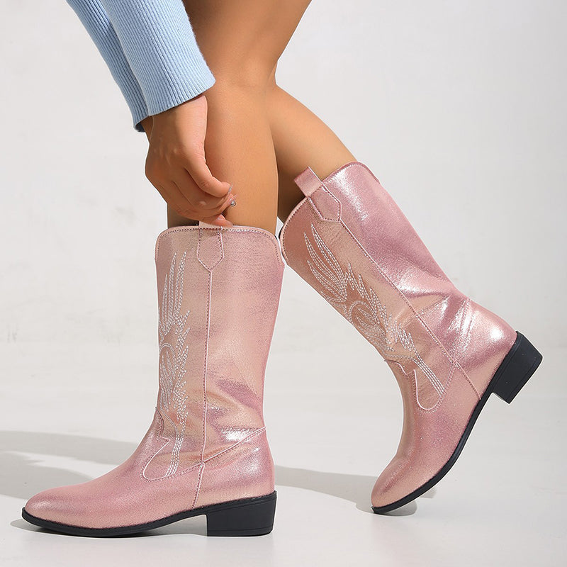 Women's embroidery metallic shiny cowboy boots