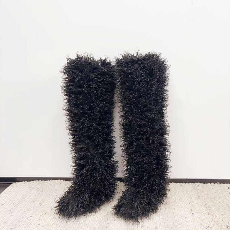 black Women's faux fur over the knee high snow boots