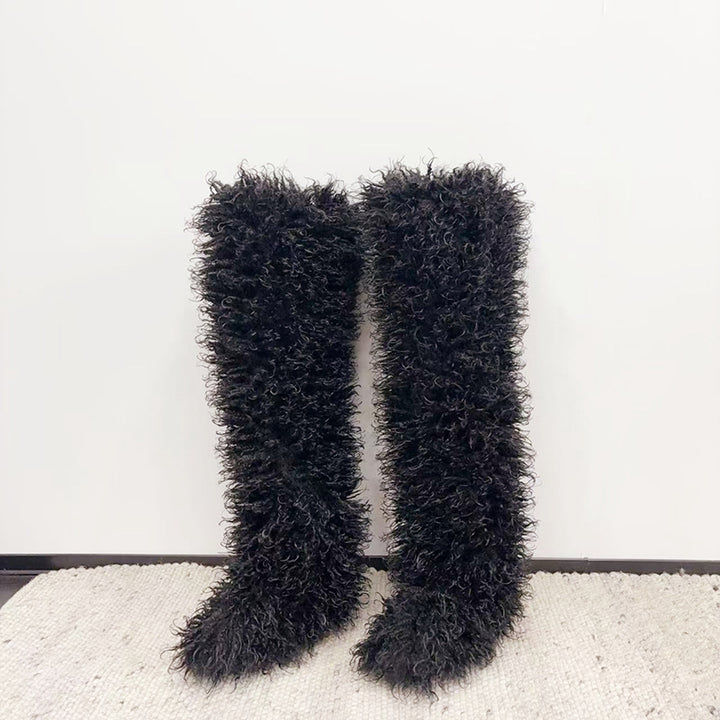 black Women's faux fur over the knee high snow boots