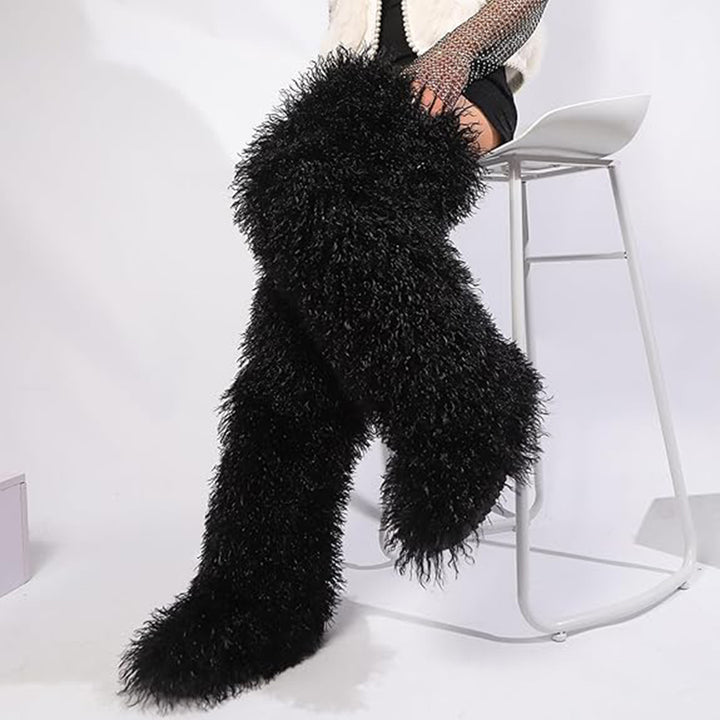 black Women's faux fur over the knee high snow boots