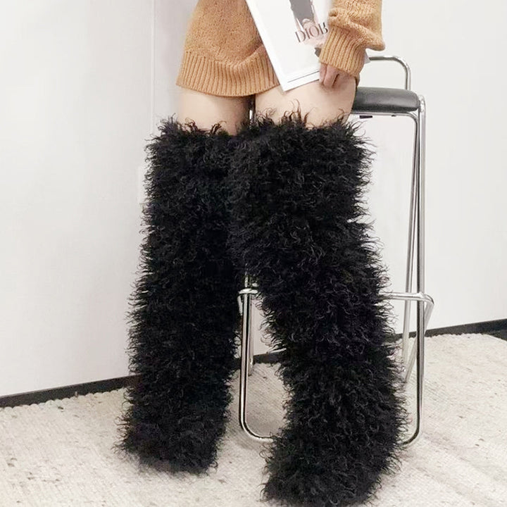 black Women's faux fur over the knee high snow boots