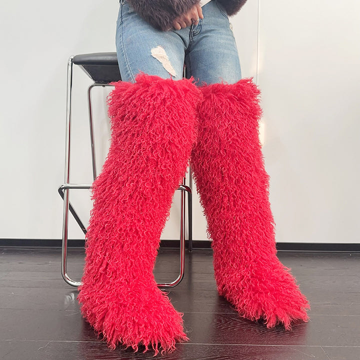 red Women's faux fur over the knee high snow boots
