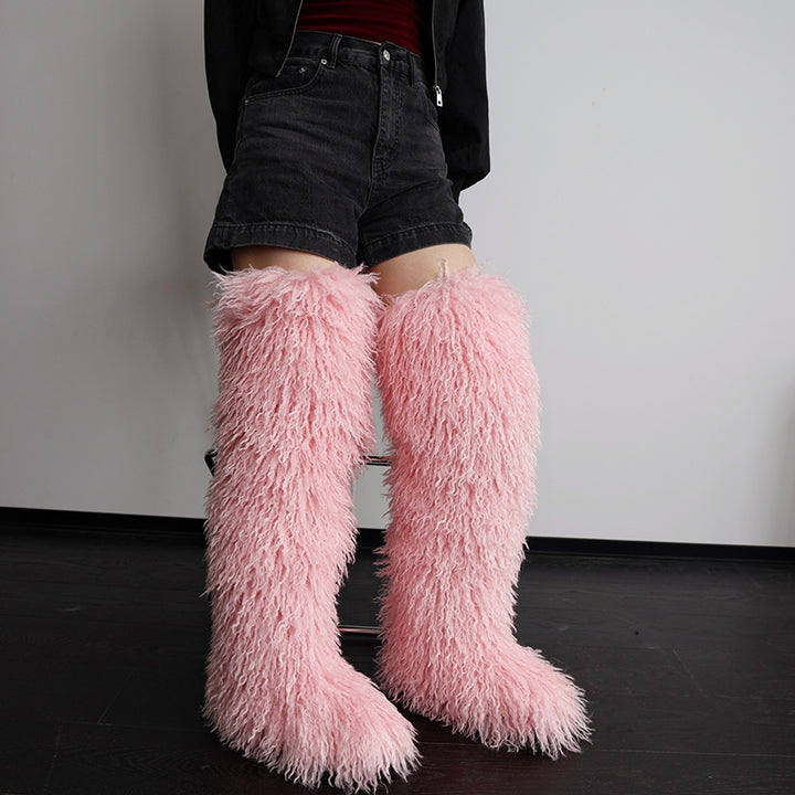 light pink Women's faux fur over the knee high snow boots