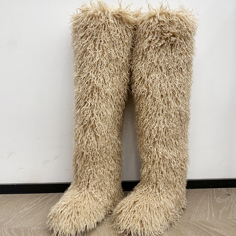 khaki Women's faux fur over the knee high snow boots