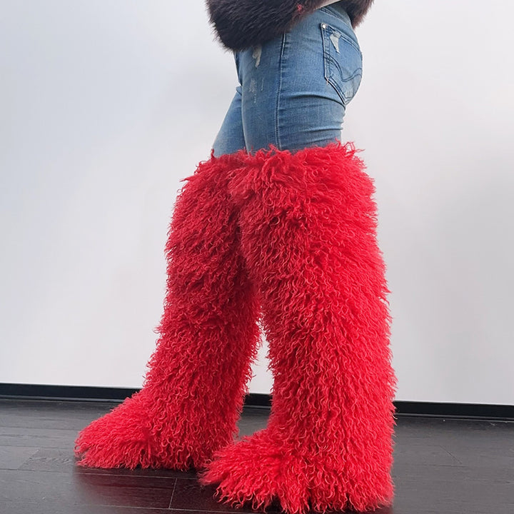 red Women's faux fur over the knee high snow boots