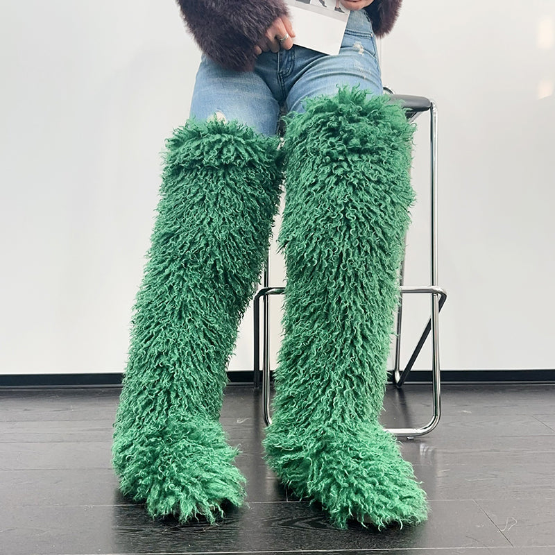 green Women's faux fur over the knee high snow boots