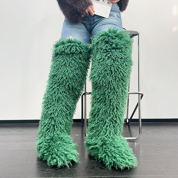 green Women's faux fur over the knee high snow boots