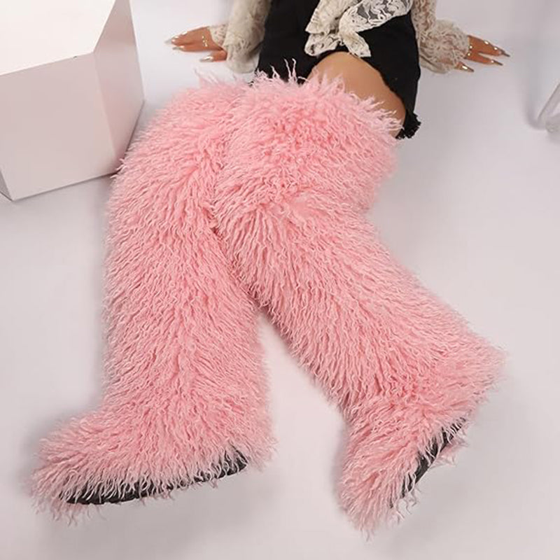 pink Women's faux fur over the knee high snow boots