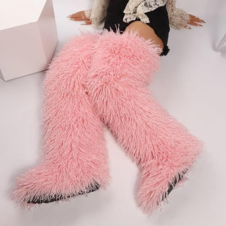 pink Women's faux fur over the knee high snow boots