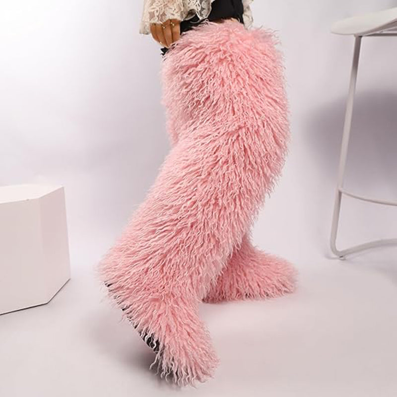 pink Women's faux fur over the knee high snow boots