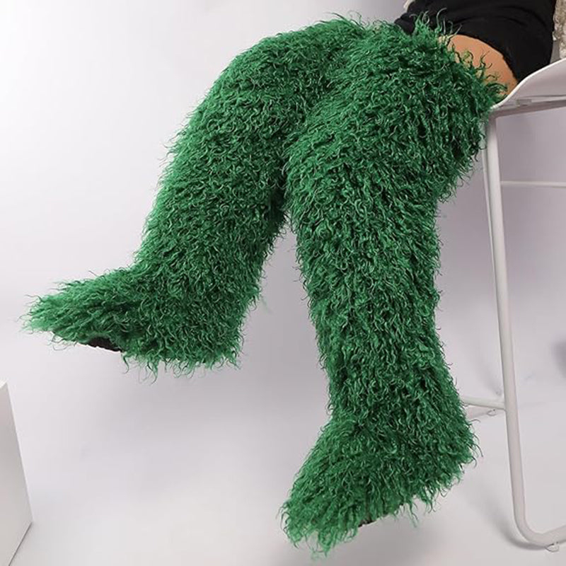 green Women's faux fur over the knee high snow boots