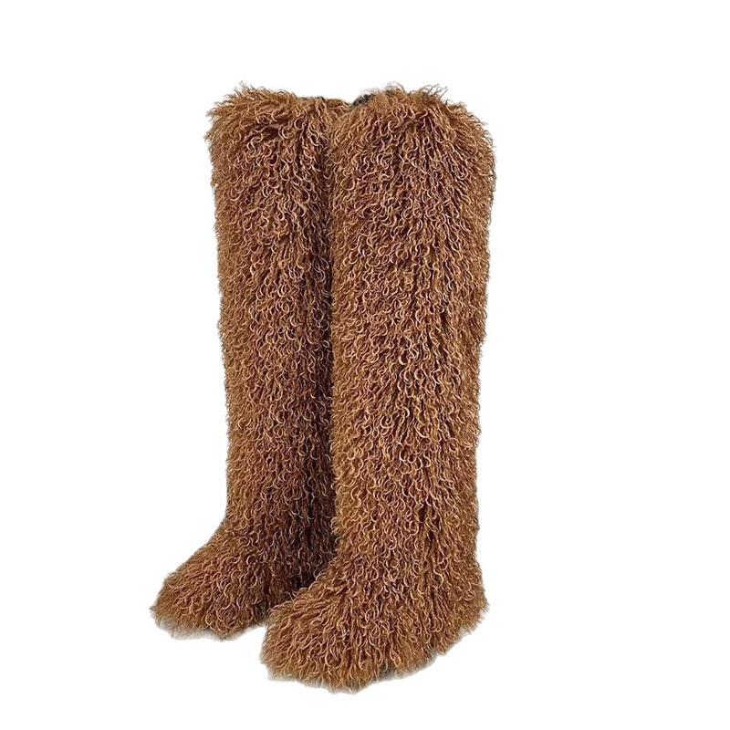 brown Women's faux fur over the knee high snow boots