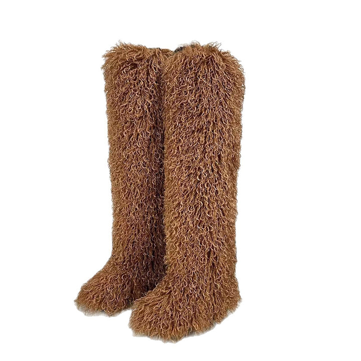 brown Women's faux fur over the knee high snow boots