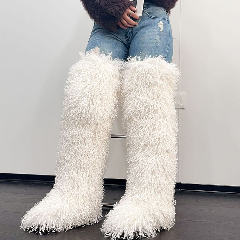 white Women's faux fur over the knee high snow boots