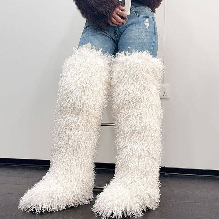 white Women's faux fur over the knee high snow boots
