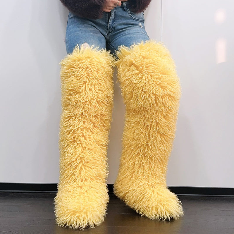 yellow Women's faux fur over the knee high snow boots