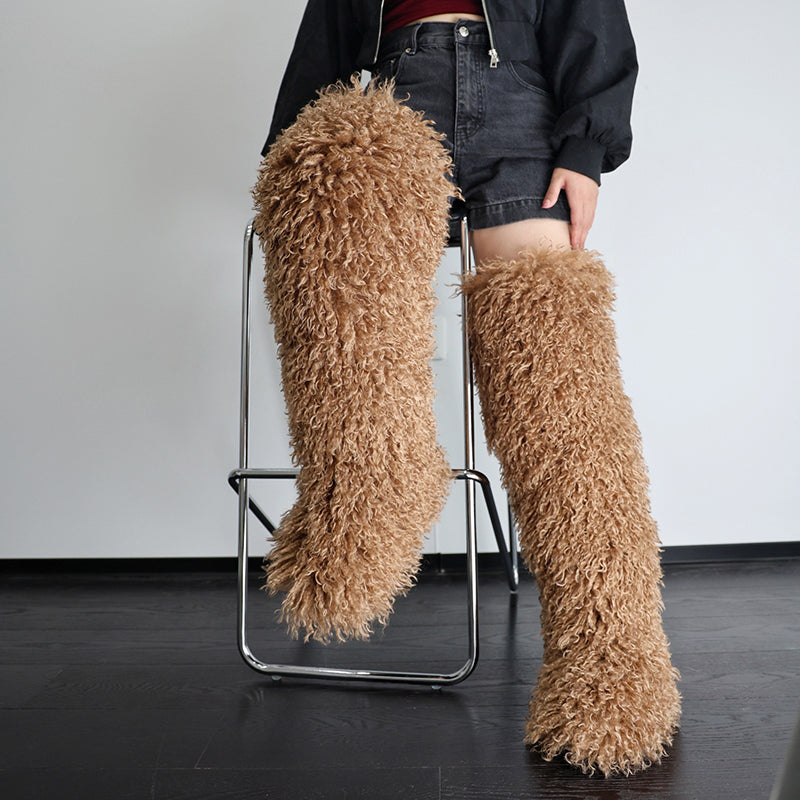 light brown Women's faux fur over the knee high snow boots
