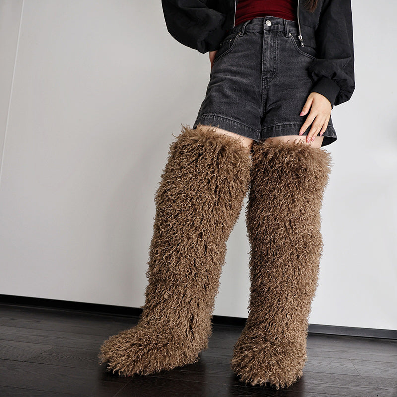 dark brown Women's faux fur over the knee high snow boots