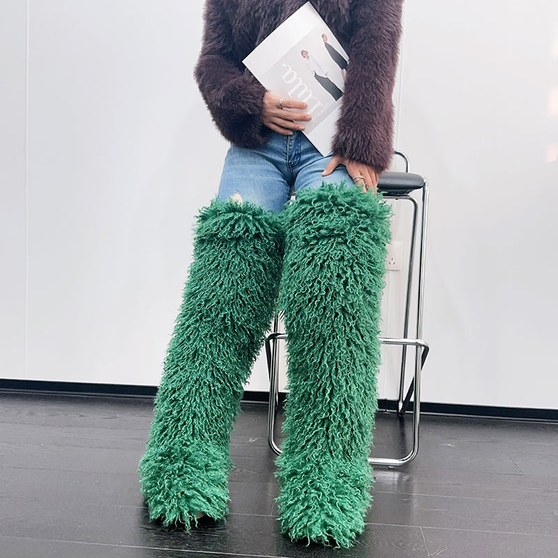 green Women's faux fur over the knee high snow boots