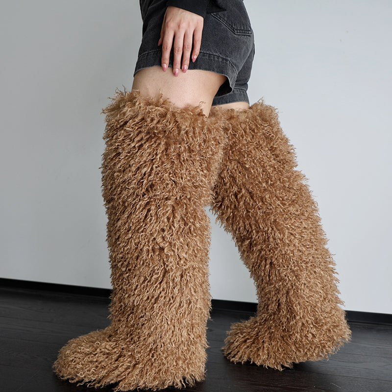 light brown Women's faux fur over the knee high snow boots