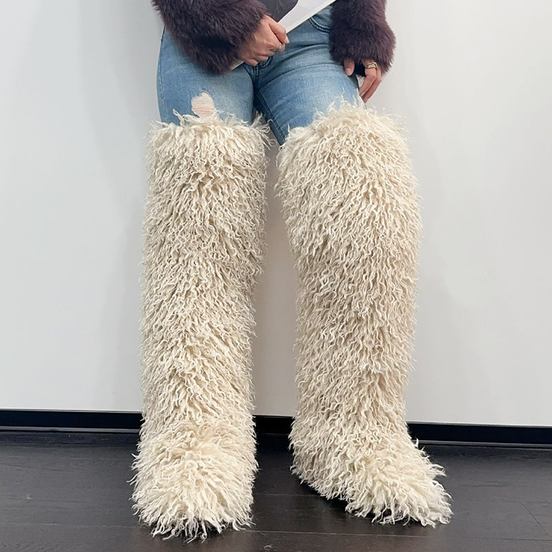 beige Women's faux fur over the knee high snow boots