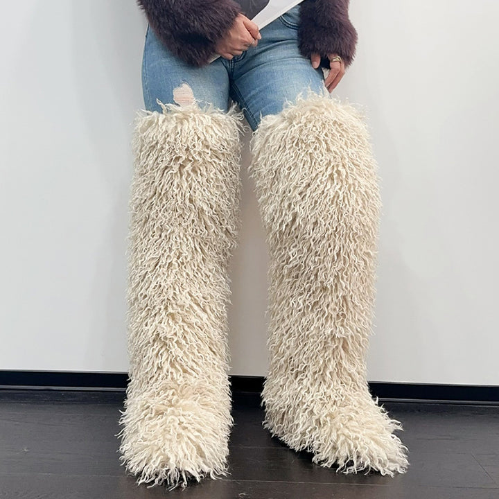 beige Women's faux fur over the knee high snow boots