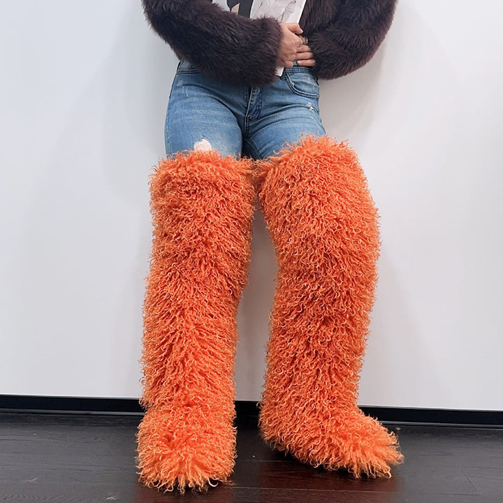 orange Women's faux fur over the knee high snow boots