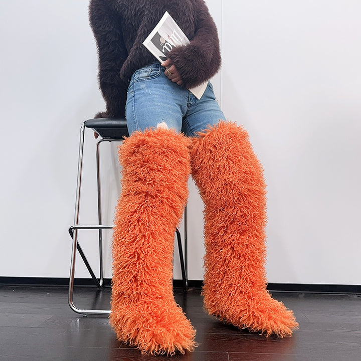 orange Women's faux fur over the knee high snow boots
