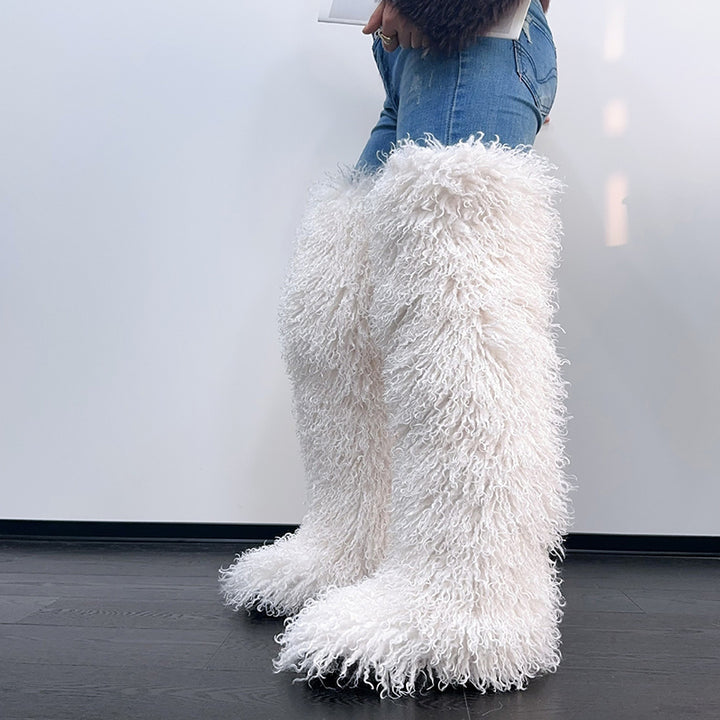 white Women's faux fur over the knee high snow boots