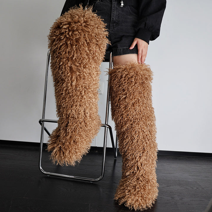 light brown Women's faux fur over the knee high snow boots