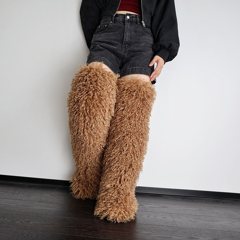 light brown Women's faux fur over the knee high snow boots