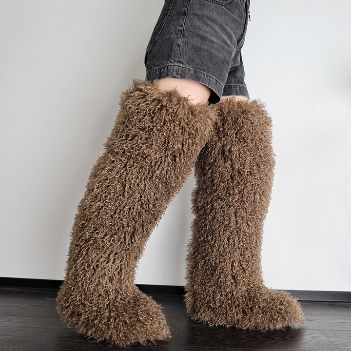 dark brown Women's faux fur over the knee high snow boots