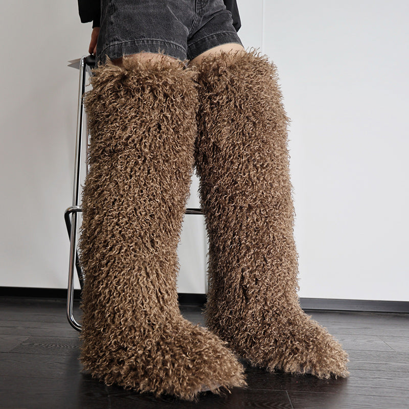 dark brown Women's faux fur over the knee high snow boots