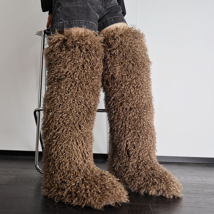 dark brown Women's faux fur over the knee high snow boots