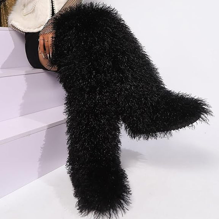 black Women's faux fur over the knee high snow boots